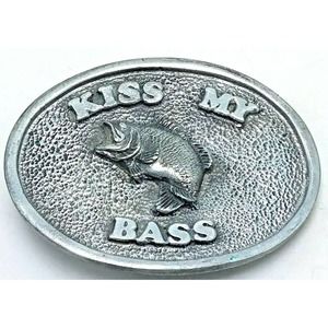 Vintage Fishing Angler Belt Buckle "Kiss My Bass" Pewter Tone 3" x 2 1/4" - VGC